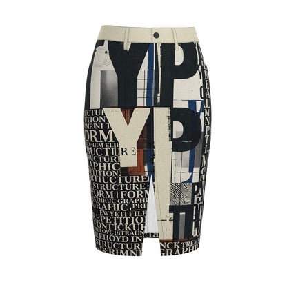 Skirt with graphic design and text on a white background
