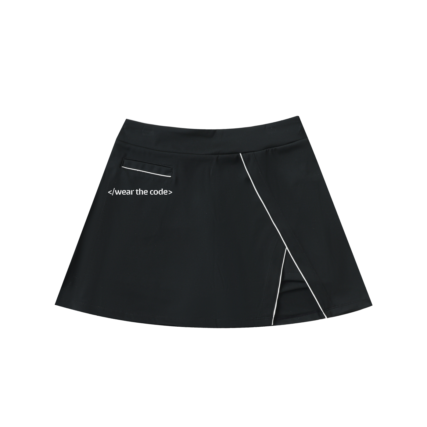 Black skirt with white piping on a white background