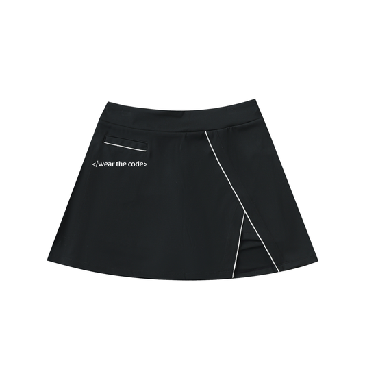 Black skirt with white piping on a white background