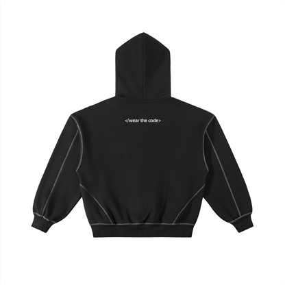 </wear the code> White Men Contrast-Stitched Boxy Fleece Zip Artist Hoodie
