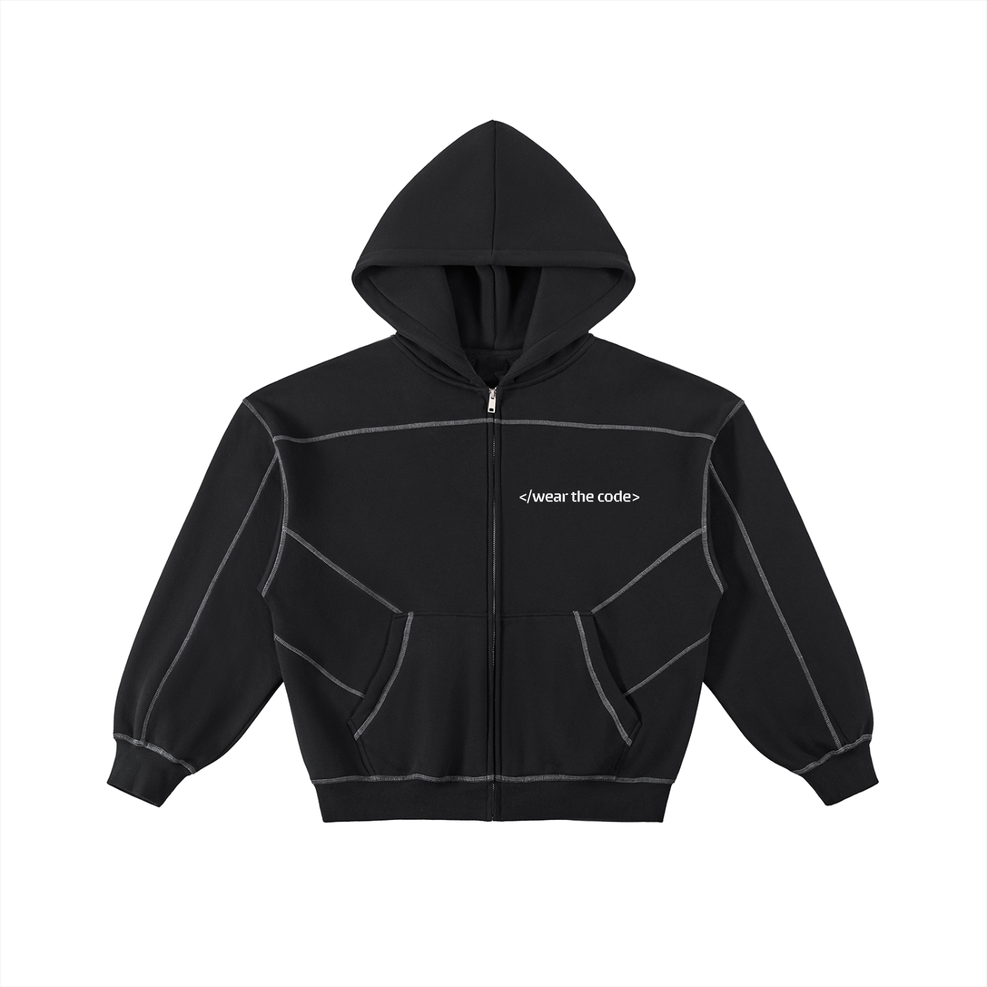 </wear the code> White Men Contrast-Stitched Boxy Fleece Zip Artist Hoodie