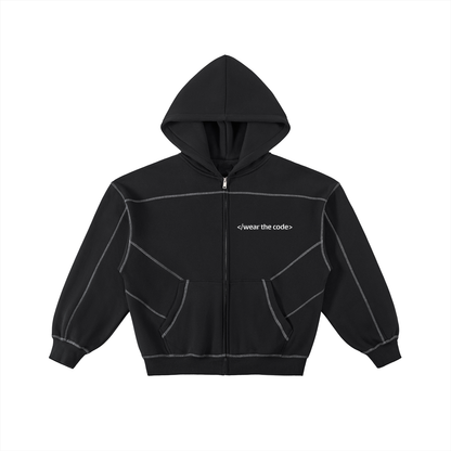 </wear the code> White Men Contrast-Stitched Boxy Fleece Zip Artist Hoodie