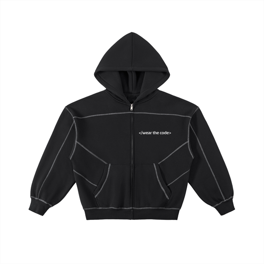 </wear the code> White Men Contrast-Stitched Boxy Fleece Zip Artist Hoodie