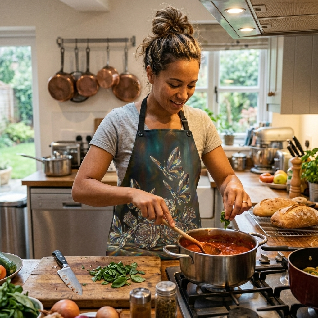 Woman cooking in a kitchen, stirring a pot on the stove.