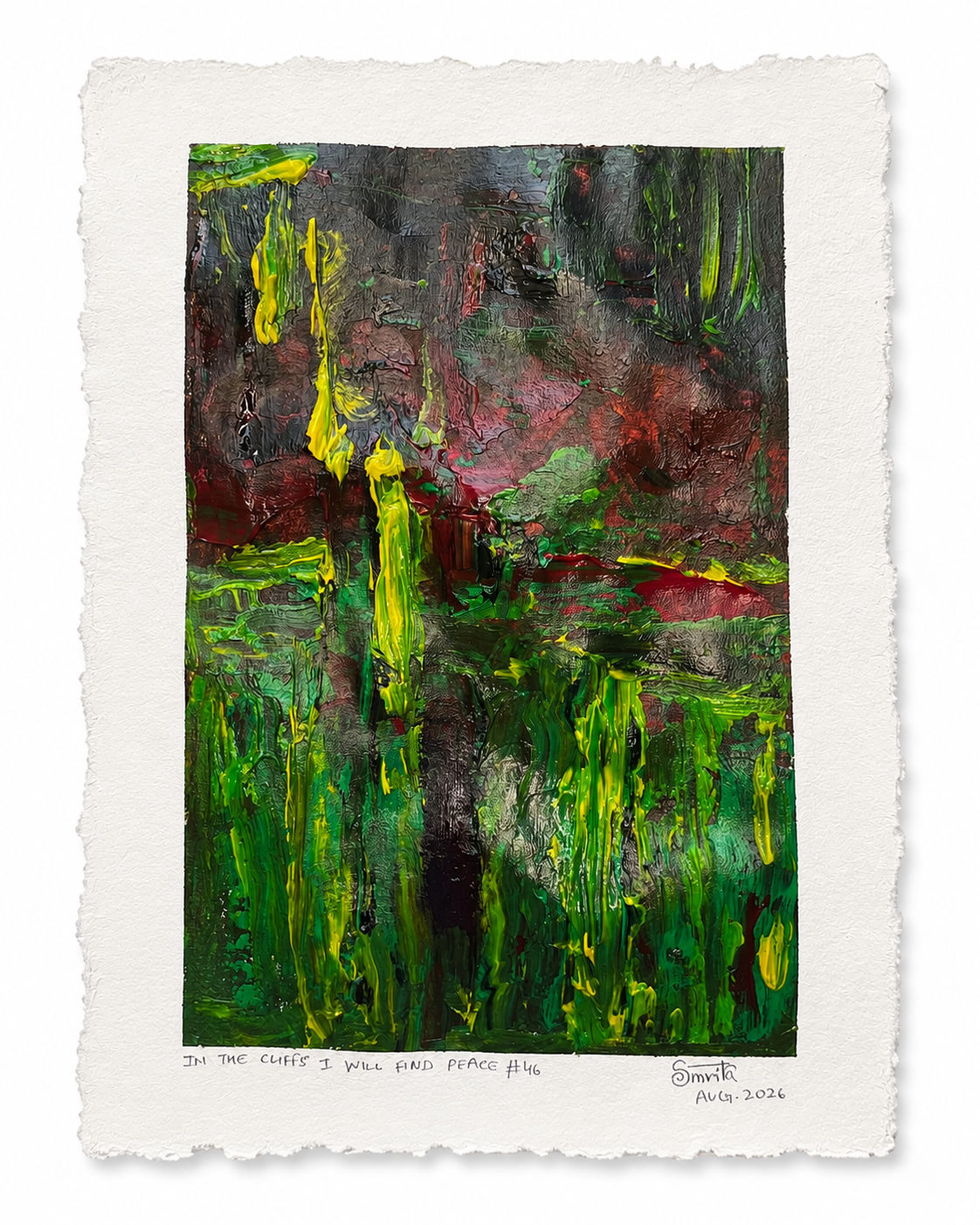 An abstract art print featuring a textured, expressive composition of green, black, red, and yellow brushstrokes, presented on a white paper sheet with a torn edge.