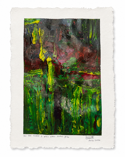 An abstract art print featuring a textured, expressive composition of green, black, red, and yellow brushstrokes, presented on a white paper sheet with a torn edge.