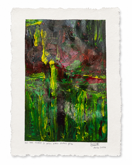 An abstract art print featuring a textured, expressive composition of green, black, red, and yellow brushstrokes, presented on a white paper sheet with a torn edge.
