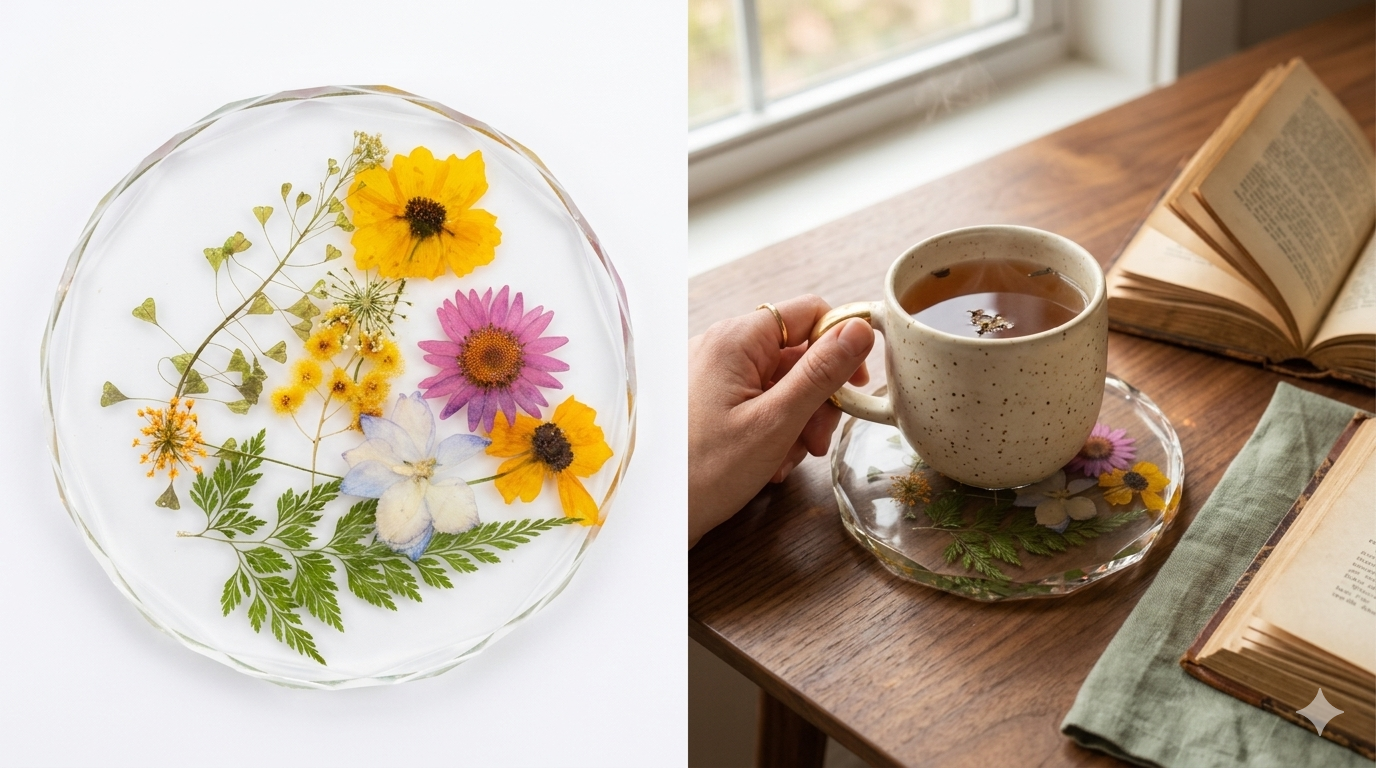 Pressed flowers on a glass plate and a cup of tea with flowers on a saucer.