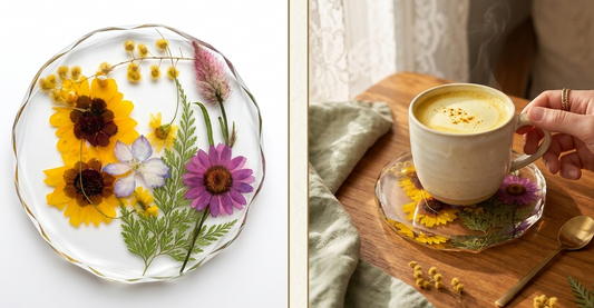 Floral coaster with pressed flowers on a plate and in use on a table.