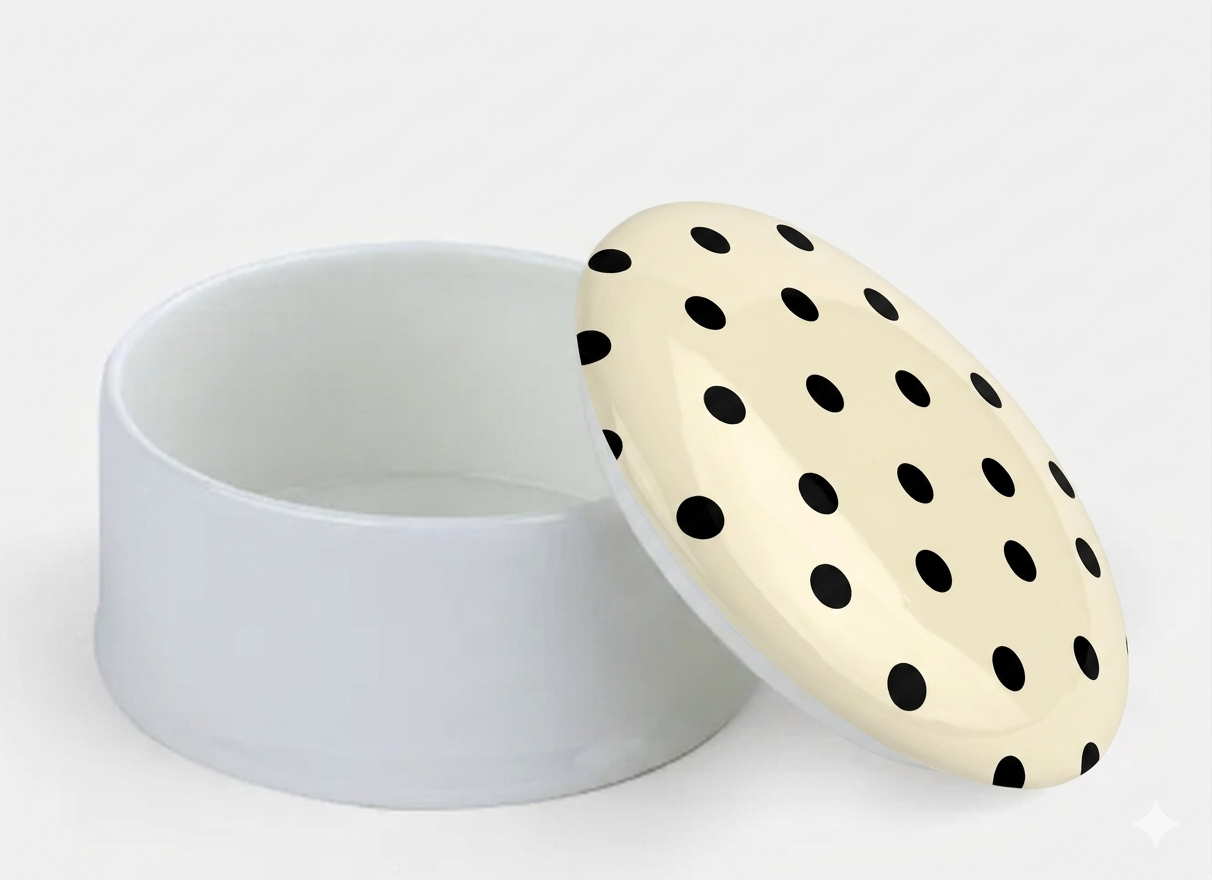Black Polka Dot on Egg White Bone China Trinket Pot