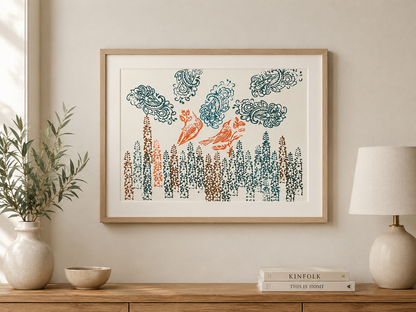 Woodblock Artist Print - Humming Bird and Sparrow - 002 - print only (frame not included)