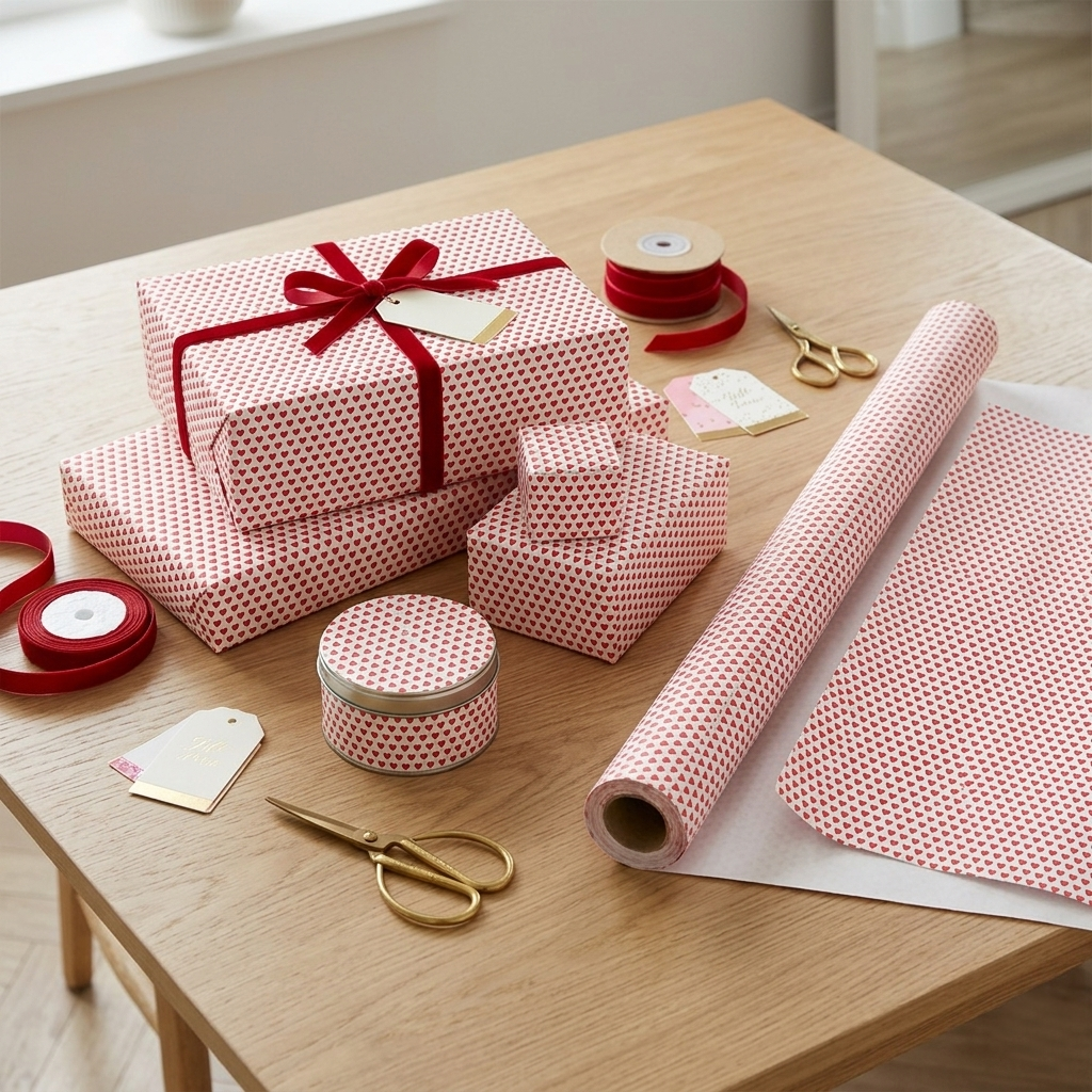 Gift wrapping paper with red polka dots on a wooden table.