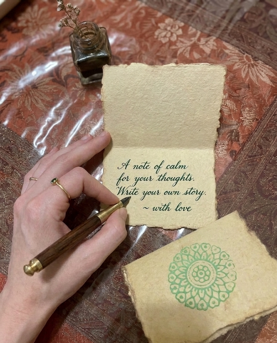 Hand writing on a piece of paper with a pen, surrounded by decorative elements on a textured surface.