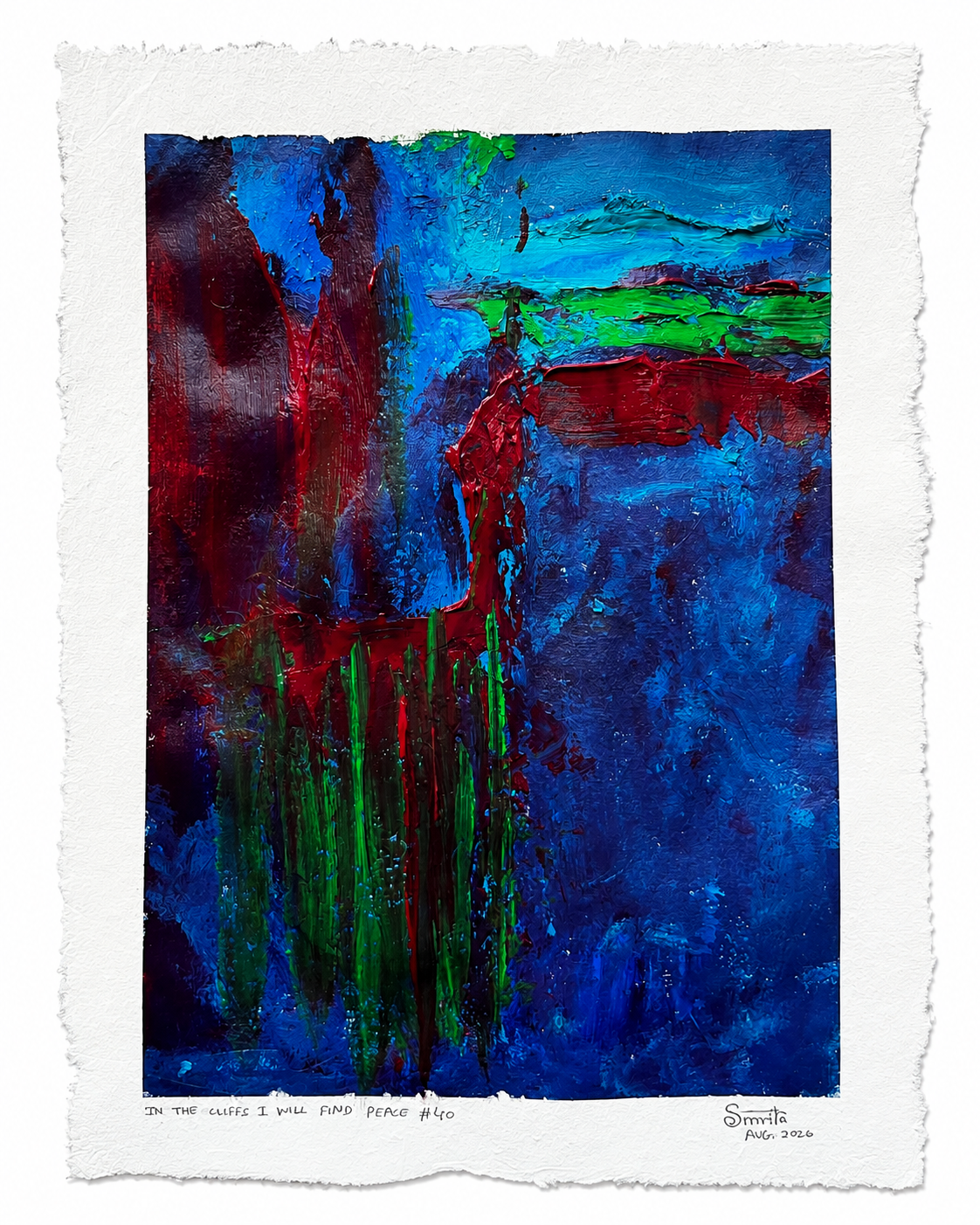 An abstract art print featuring a textured, expressive painting with dominant deep blues, vibrant reds, and green accents, presented on a white paper sheet with a torn edge.