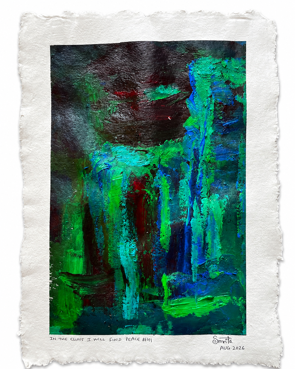 An abstract art print featuring textured, expressive brushstrokes in vibrant green, teal, and deep blue, framed by a wide, textured off-white paper border with printed text at the bottom.