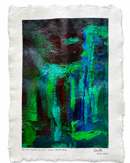 An abstract art print featuring textured, expressive brushstrokes in vibrant green, teal, and deep blue, framed by a wide, textured off-white paper border with printed text at the bottom.