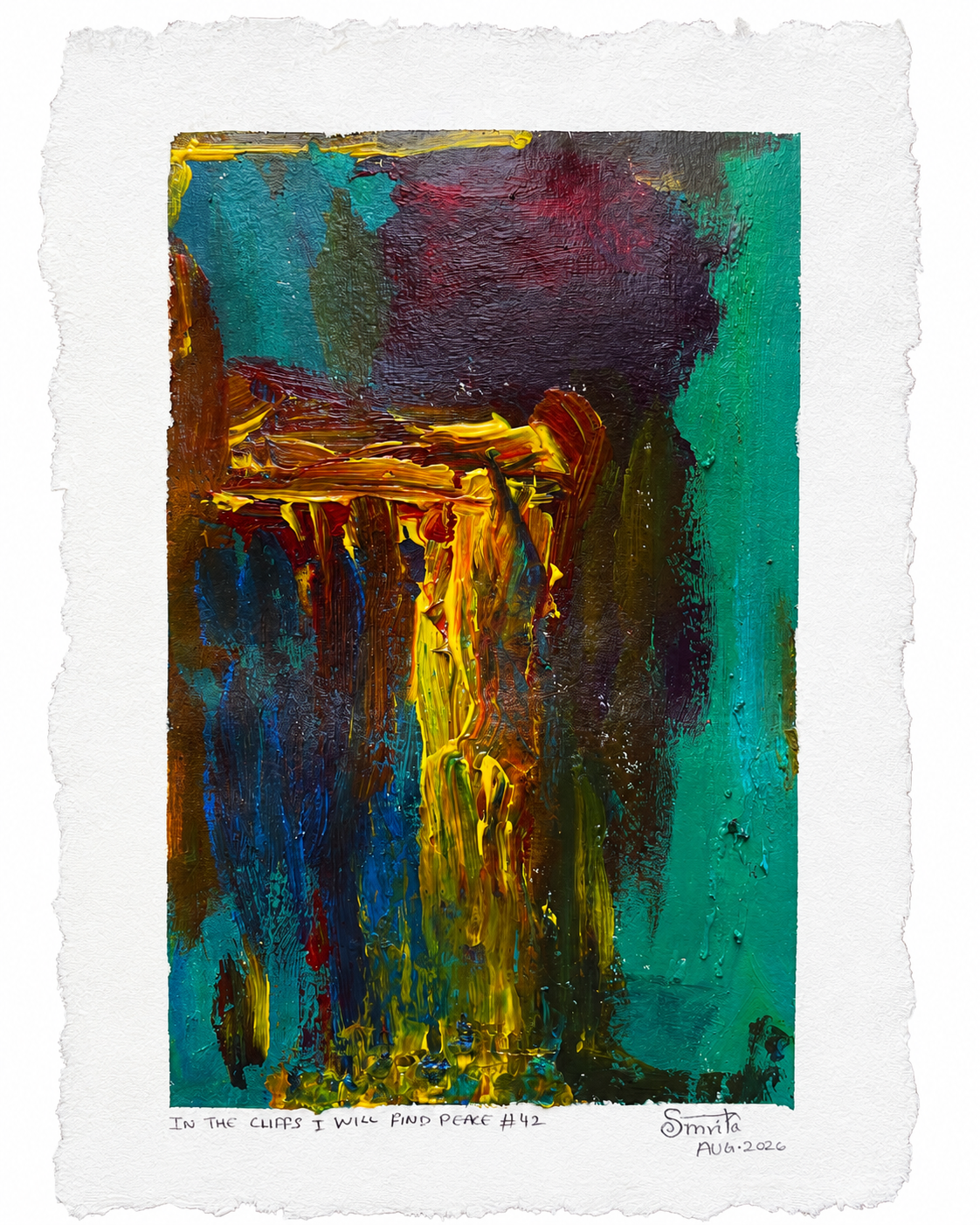 An abstract expressionist painting on textured white paper, featuring bold brushstrokes of teal, green, yellow, gold, brown, and deep purple. Signed 'Simite' and dated '2026' at the bottom right.