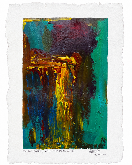 An abstract expressionist painting on textured white paper, featuring bold brushstrokes of teal, green, yellow, gold, brown, and deep purple. Signed 'Simite' and dated '2026' at the bottom right.