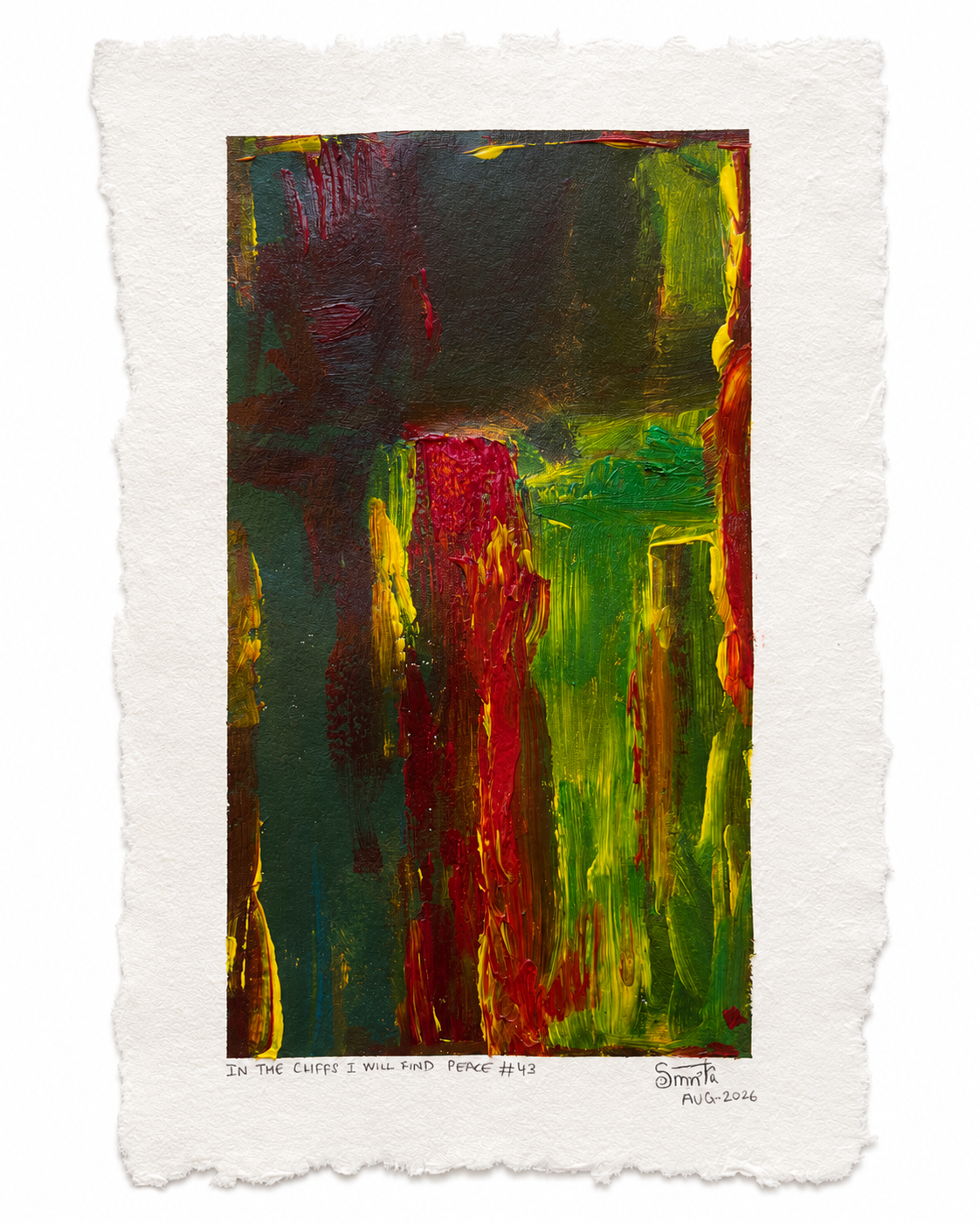 An abstract art print featuring textured vertical brushstrokes in green, red, yellow, and black on a white textured paper border with torn edges. Signed 'Sinnock' and dated 'July 2024' at the bottom right.