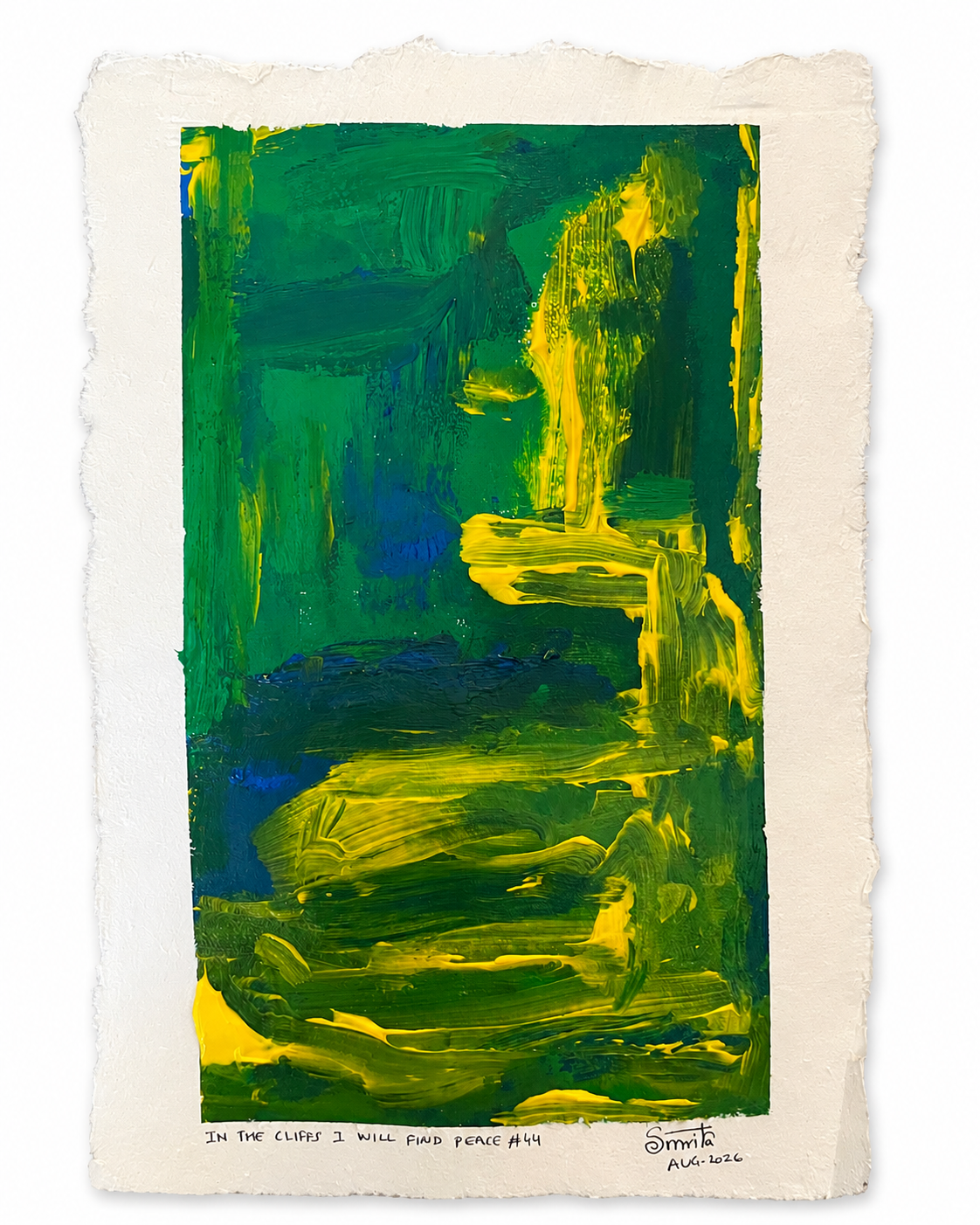 An abstract art print featuring textured green, yellow, and blue paint strokes on a sheet of off-white, hand-drawn torn paper. Handwritten text is visible at the bottom margin.