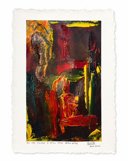 An abstract art print featuring a textured, expressive painting with bold strokes of red, yellow, green, black, and brown on a white paper background with a torn edge. Signed and numbered 'Simpson No.