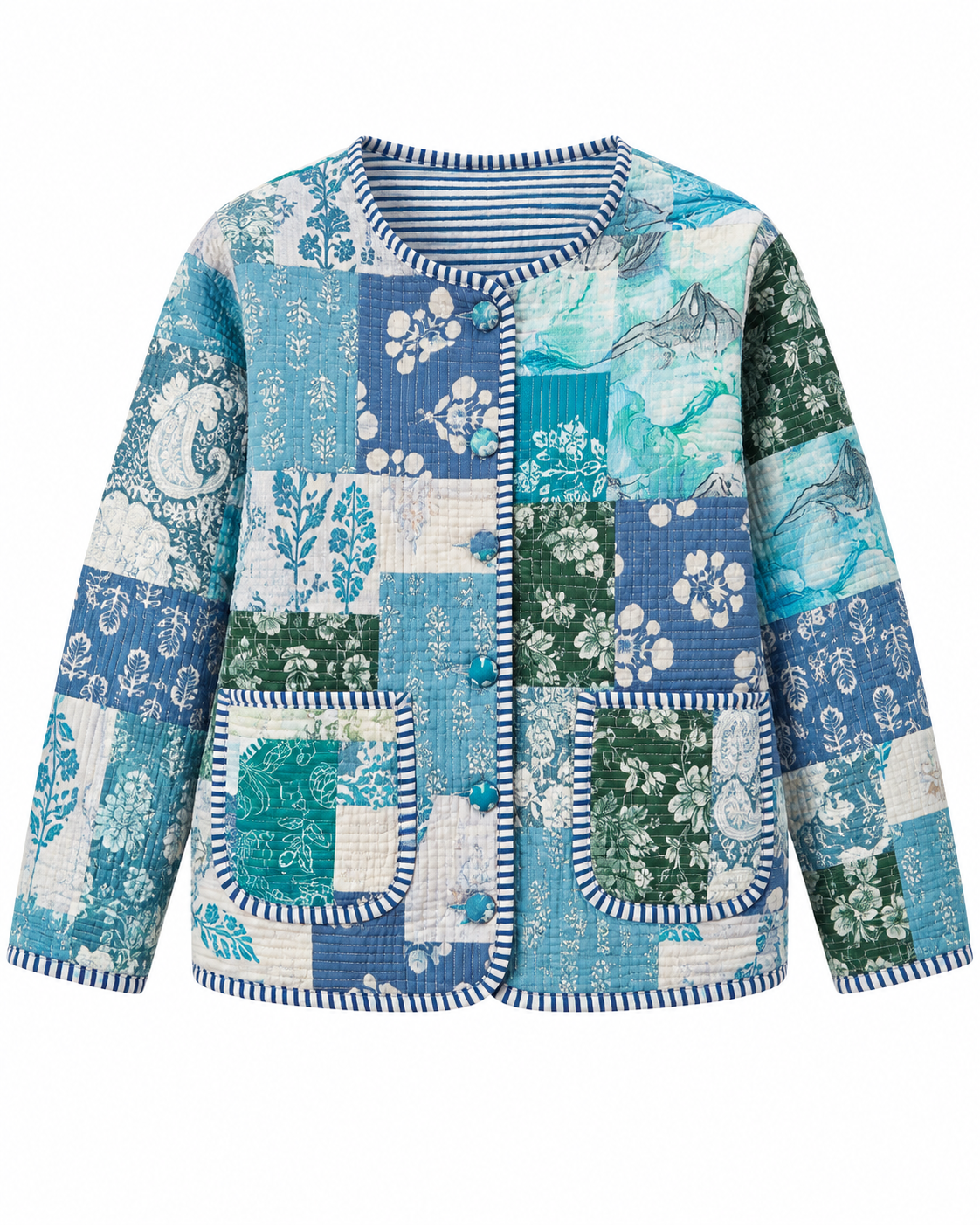 A long-sleeve quilted patchwork jacket featuring a blue, teal, and green floral and paisley print, with striped trim on the collar, cuffs, and pocket edges.