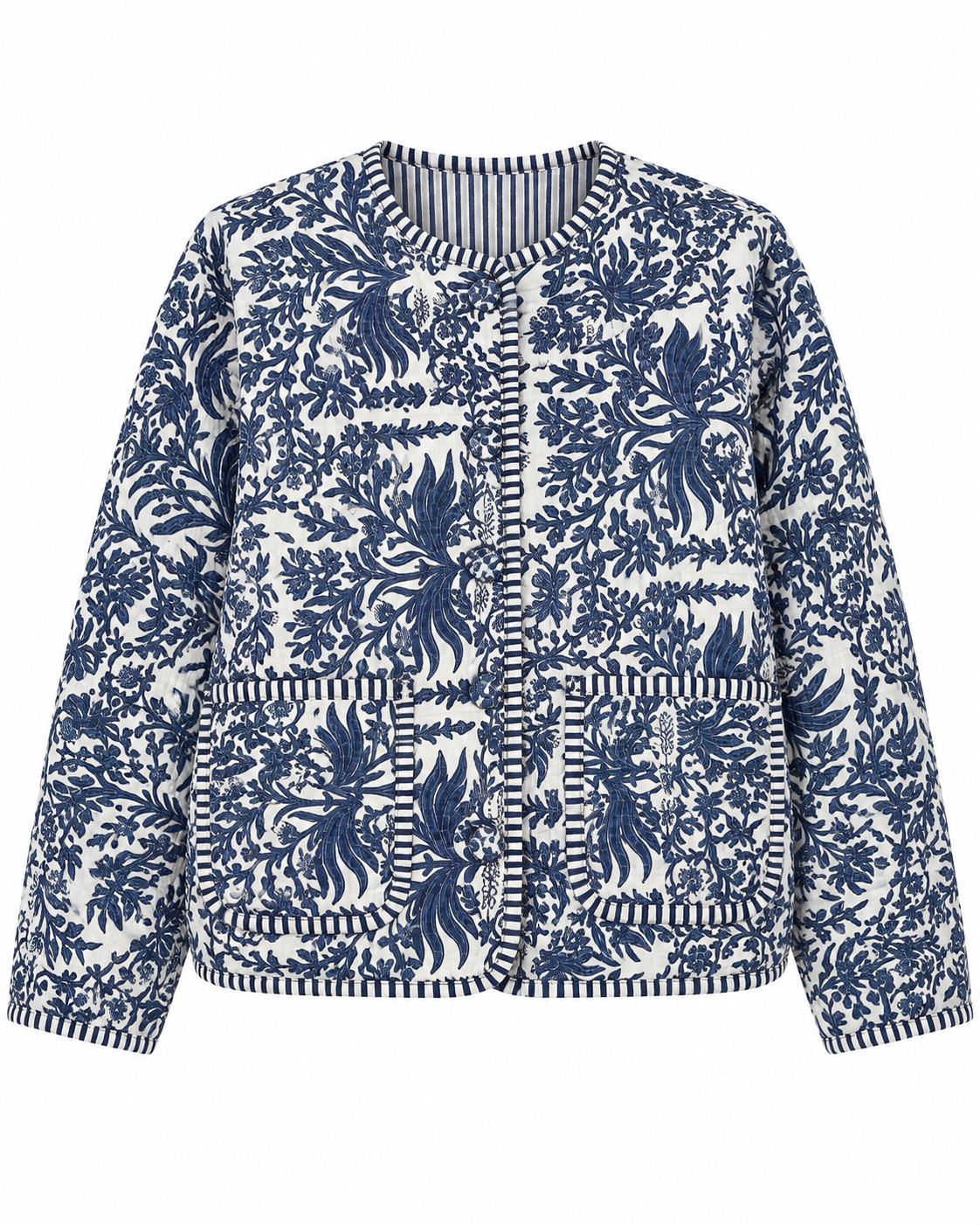 A women's quilted jacket featuring a navy blue and white floral toile pattern, with striped trim along the collar, front placket, pockets, and cuffs.