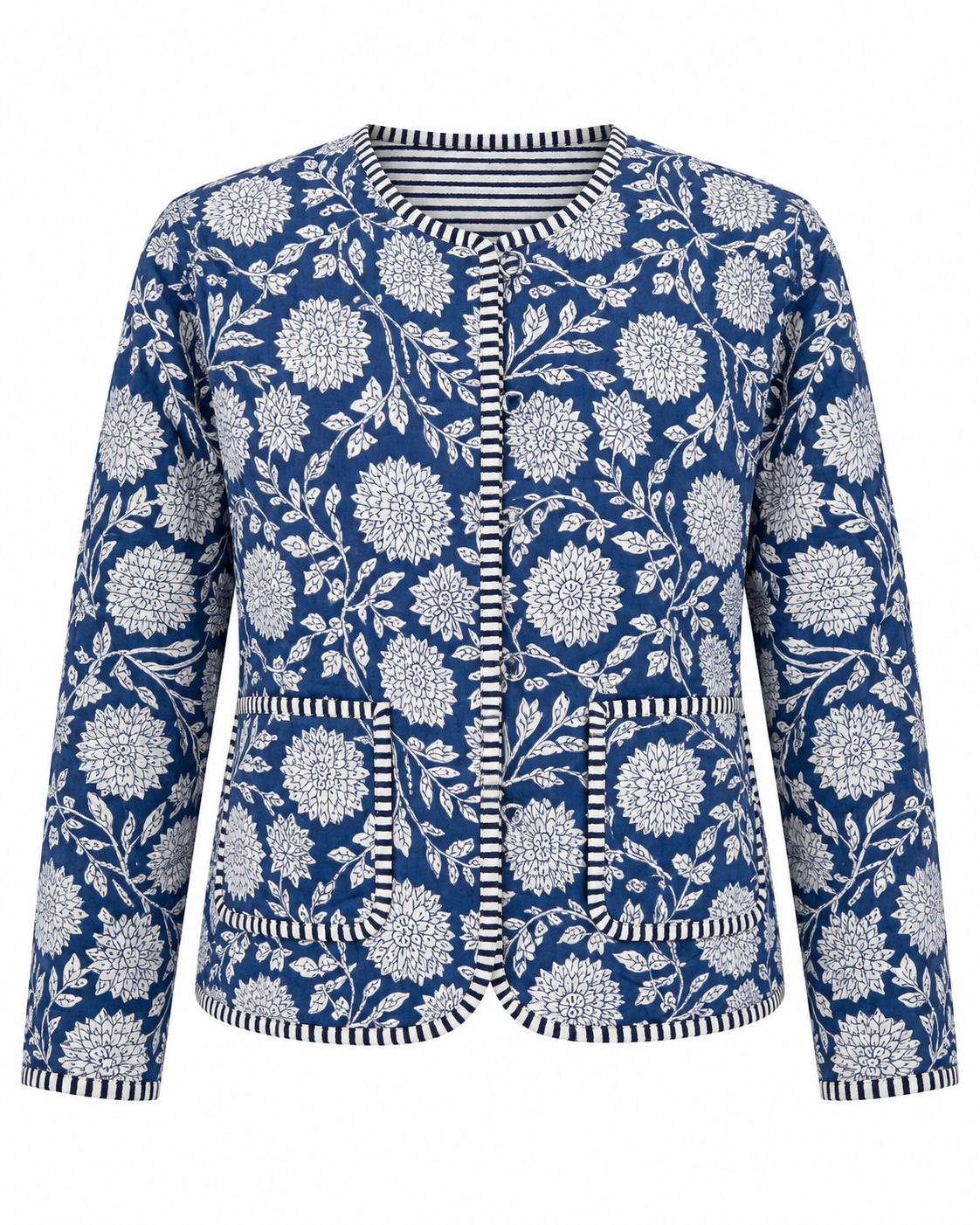 A women's long-sleeve jacket featuring a navy blue and white floral print, with striped trim along the collar, front placket, pockets, and cuffs.
