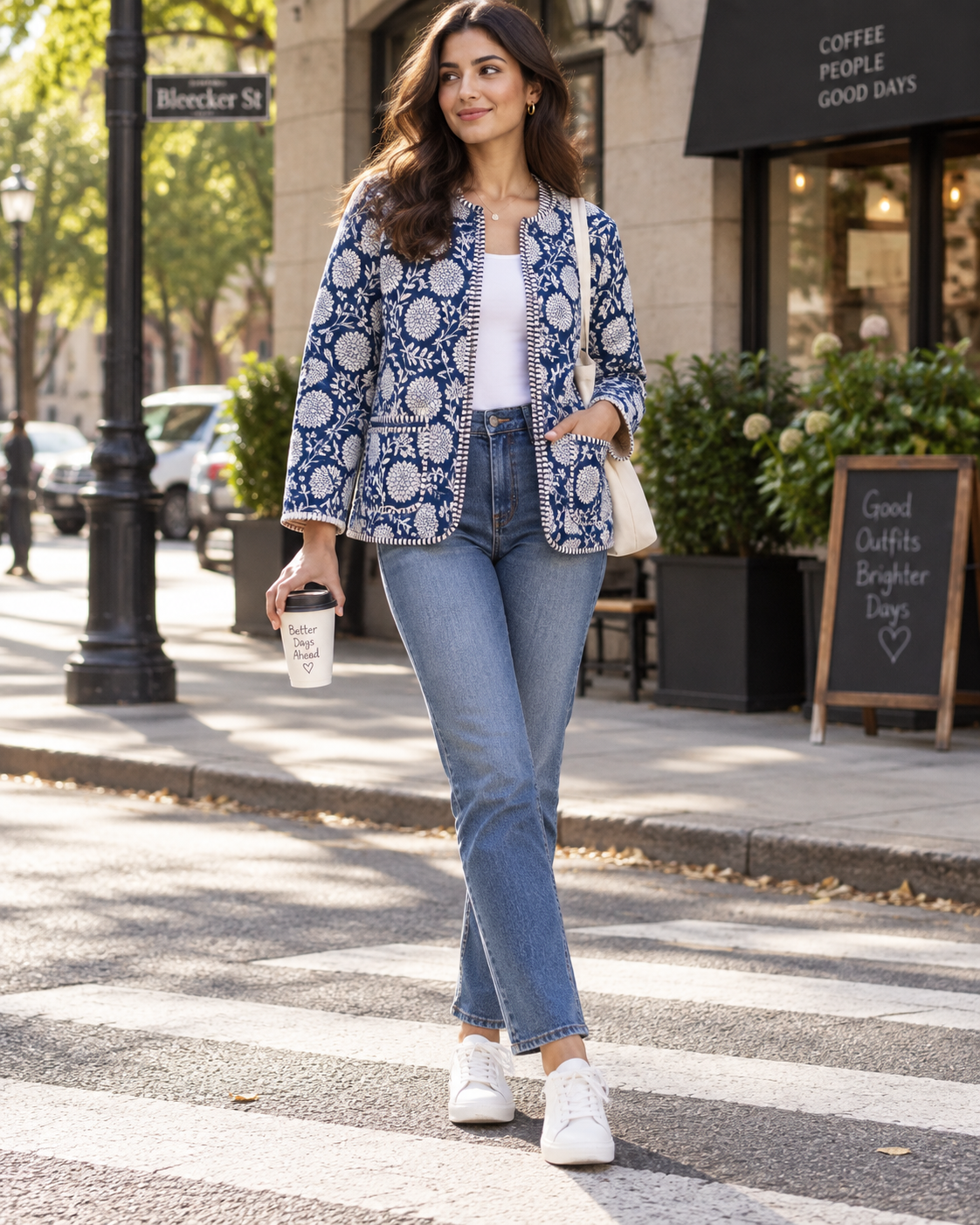 A woman stands on a city crosswalk wearing a blue and white patterned blazer, blue jeans, and white sneakers, holding a coffee cup. The background shows a street scene with a storefront, plants, and a black lamppost.