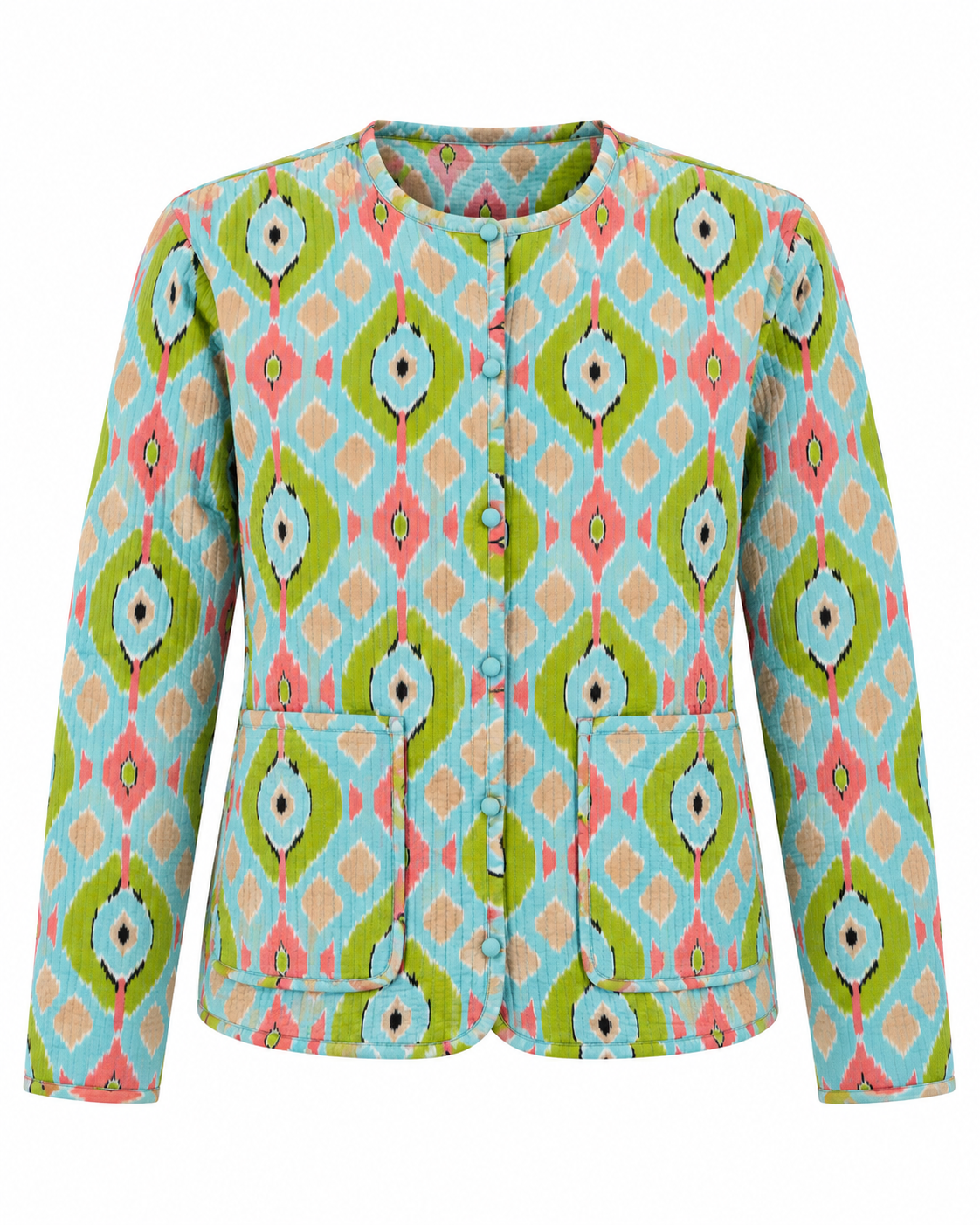 A women's cropped jacket featuring a vibrant geometric ikat pattern in light blue, lime green, pink, and beige, with a button-up front and two front patch pockets.