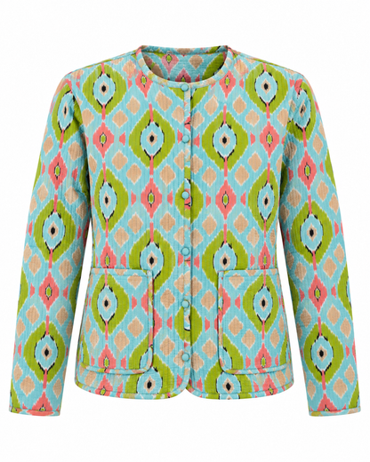 A women's cropped jacket featuring a vibrant geometric ikat pattern in light blue, lime green, pink, and beige, with a button-up front and two front patch pockets.