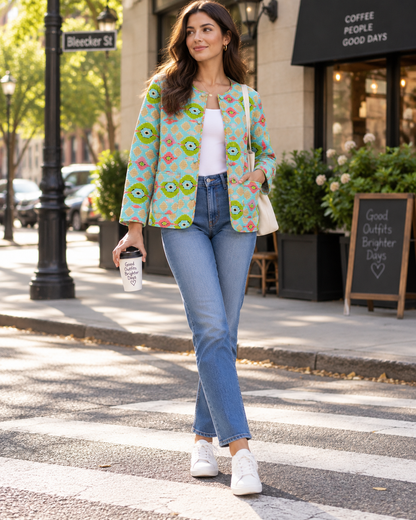 A woman stands on a city crosswalk wearing a light blue patterned blazer with green and orange cartoon eyes, blue jeans, and white sneakers, holding a coffee cup in front of a storefront.