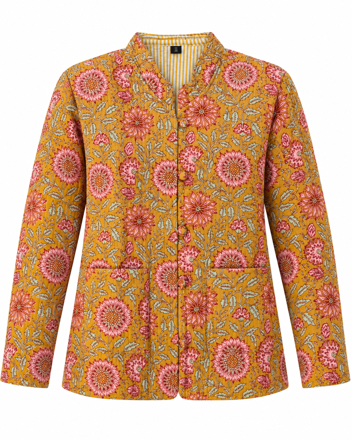 A women's long-sleeve button-front jacket with a vibrant mustard yellow base and an all-over pink, red, and green floral print, shown on a plain white background.