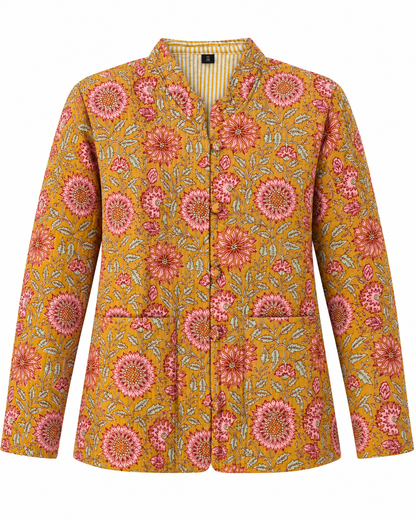 A women's long-sleeve button-front jacket with a vibrant mustard yellow base and an all-over pink, red, and green floral print, shown on a plain white background.