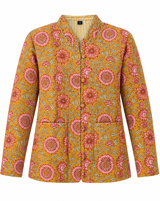 A women's long-sleeve button-front jacket with a vibrant mustard yellow base and an all-over pink, red, and green floral print, shown on a plain white background.