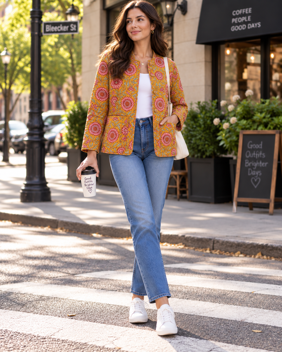 A woman stands on a city crosswalk wearing a vibrant yellow and red patterned blazer, a white top, blue jeans, and white sneakers, holding a coffee cup. The background shows a street scene with a cafe storefront.