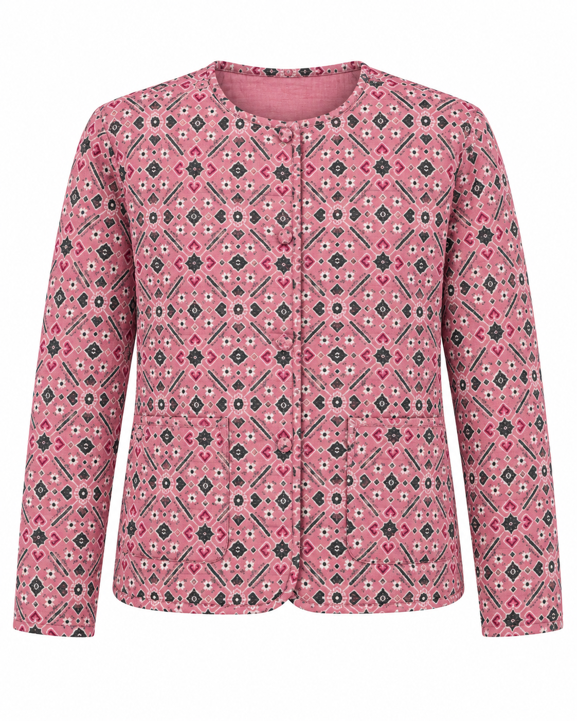 A pink long-sleeve quilted jacket with a geometric diamond pattern in black, white, and gray, featuring a button-up front and two front patch pockets.