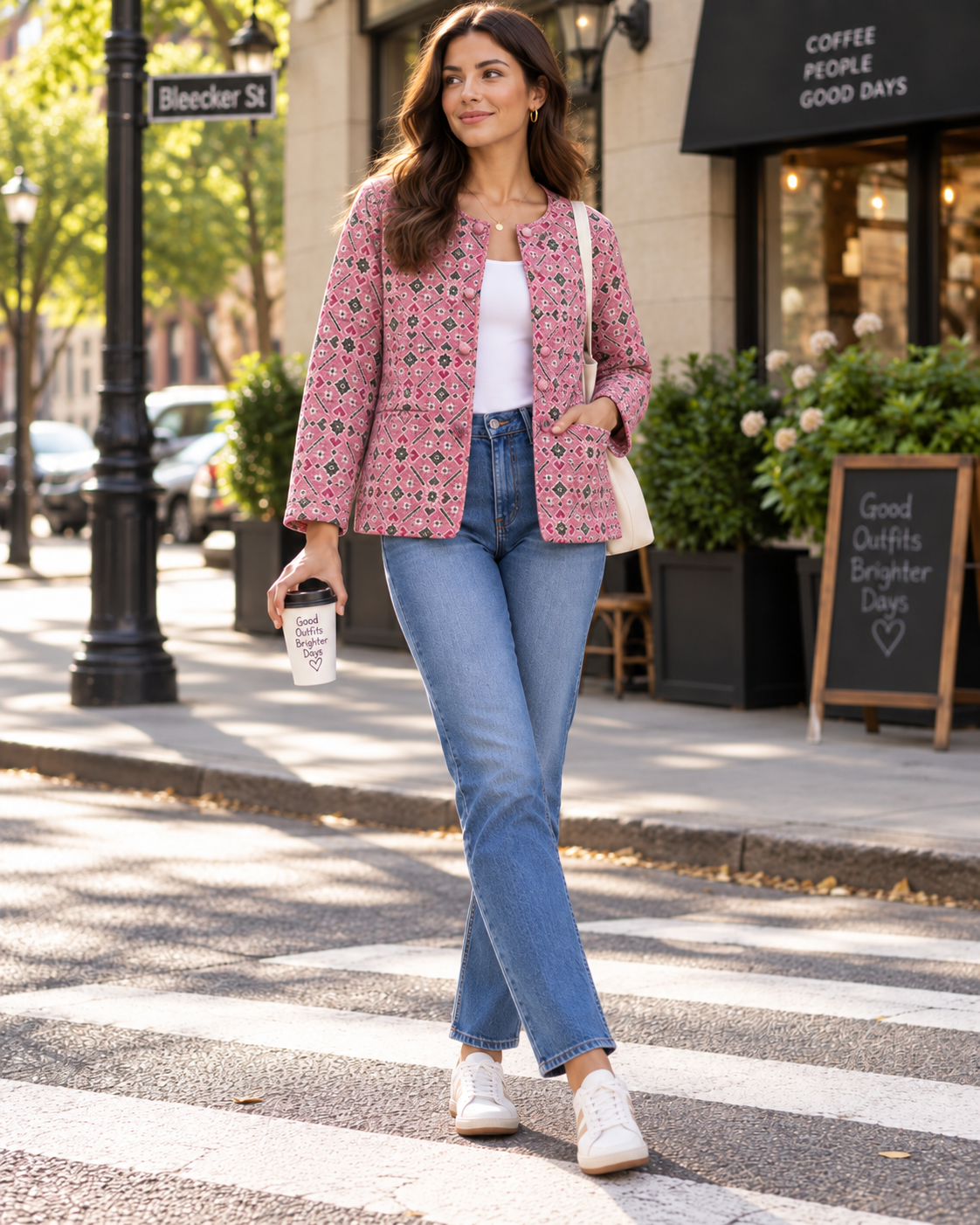 A woman stands on a city crosswalk wearing a pink patterned jacket, blue jeans, and white sneakers, holding a coffee cup. The background shows a street scene with a storefront and a street sign reading 'Bleecker St'.