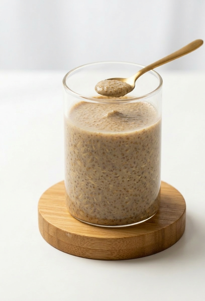 Glass jar of creamy substance on a wooden coaster with a spoon