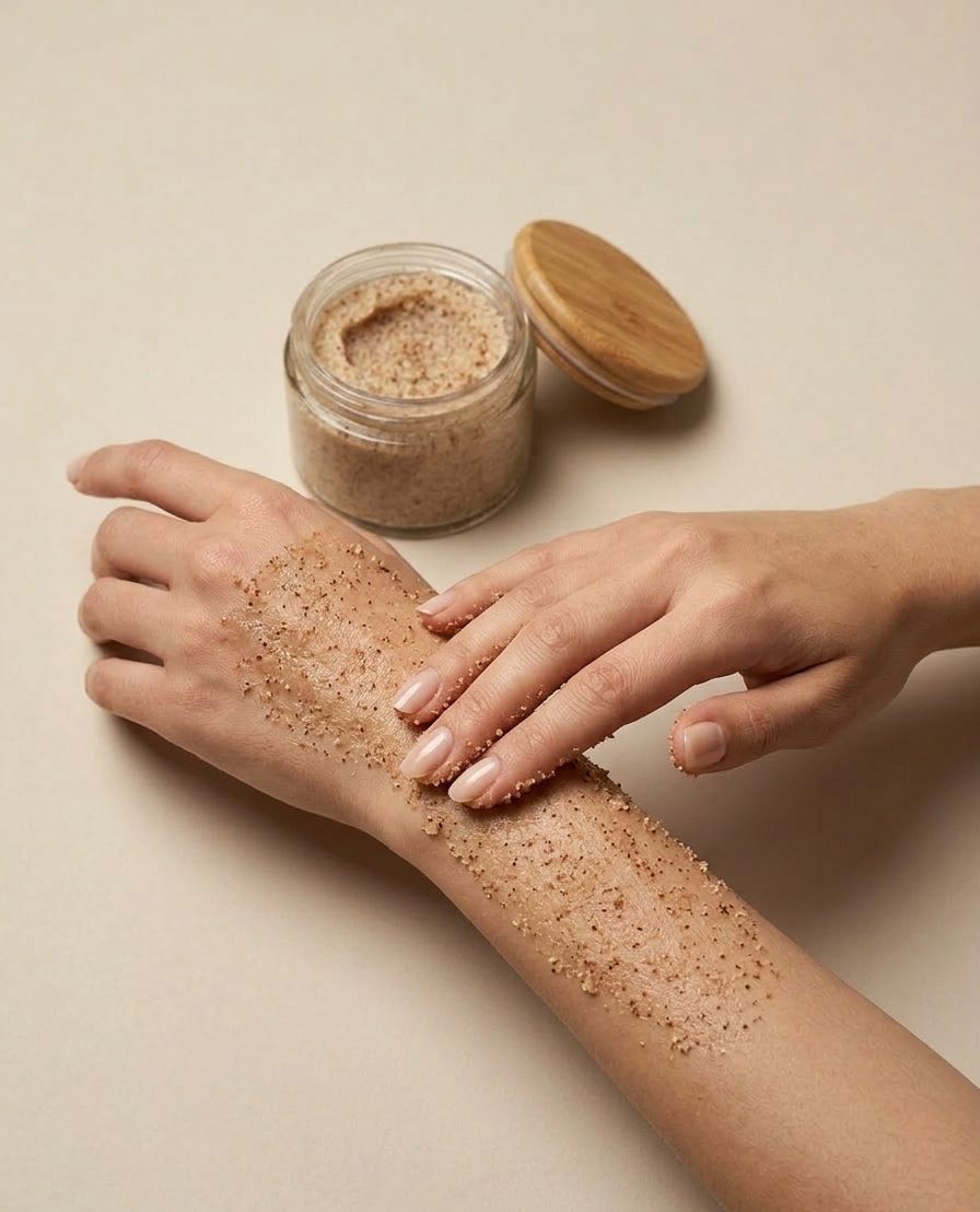 Person applying a brown exfoliating scrub to their arm with a jar of scrub next to them on a beige background.
