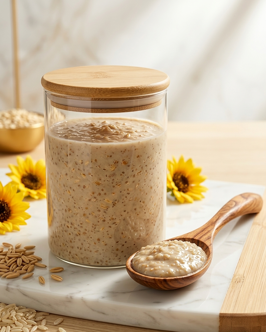 Glass jar with wooden lid containing a grain-based product, surrounded by sunflowers and grains on a marble surface.