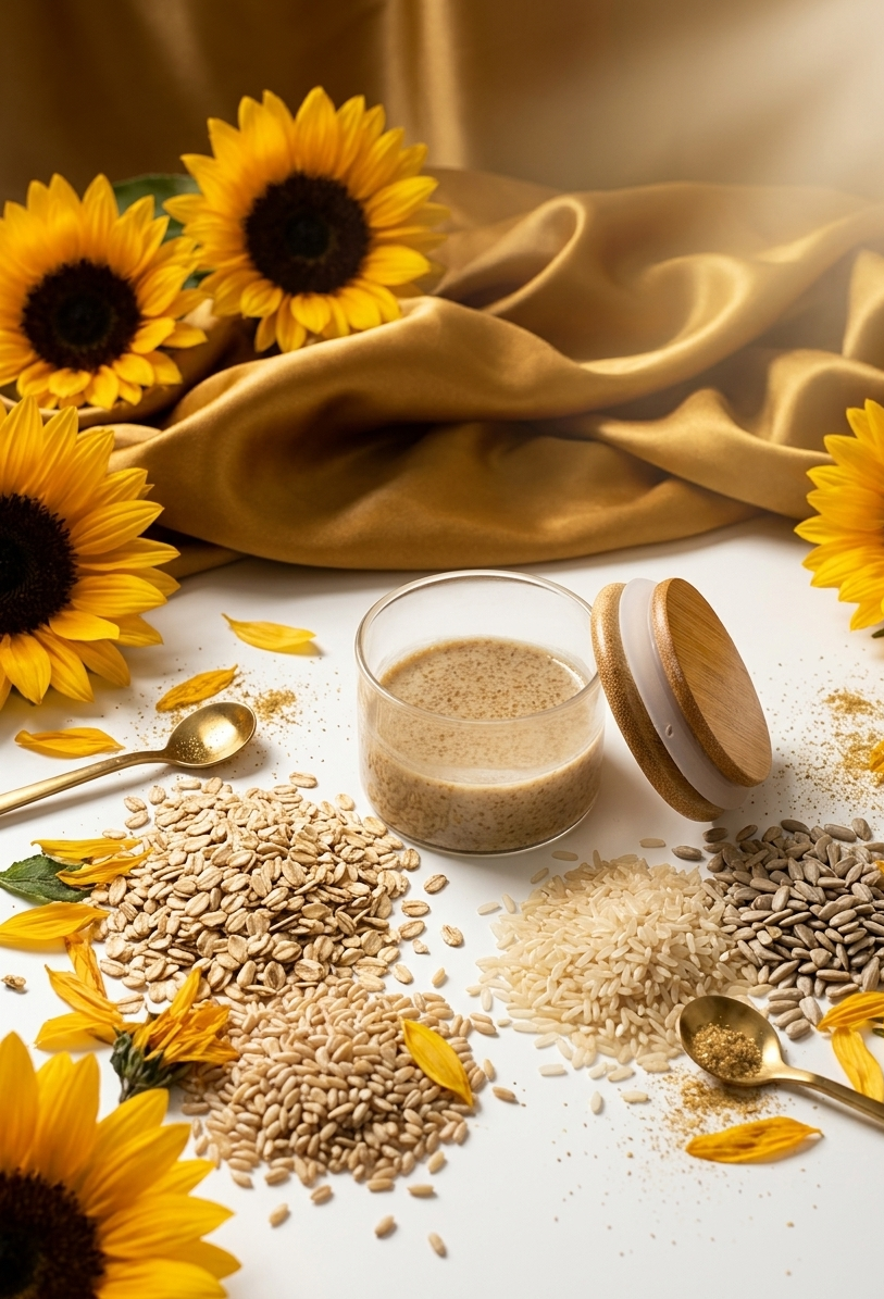 Sunflower seeds, sunflower oil, and sunflowers on a white surface with a gold cloth.