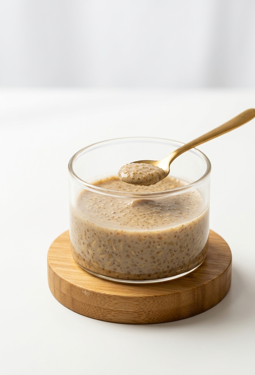 Glass jar of chia pudding with a spoon on a wooden coaster against a white background
