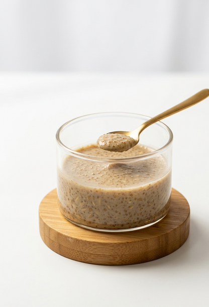 Glass jar of chia pudding with a spoon on a wooden coaster against a white background