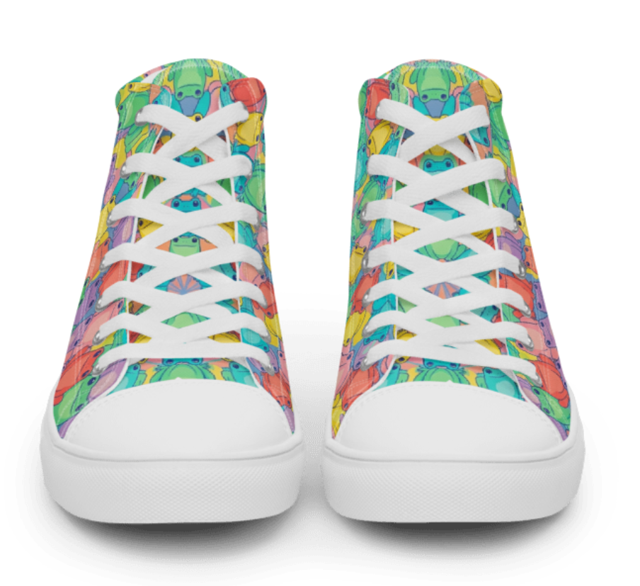 Colorful patterned sneakers with white laces on a white background