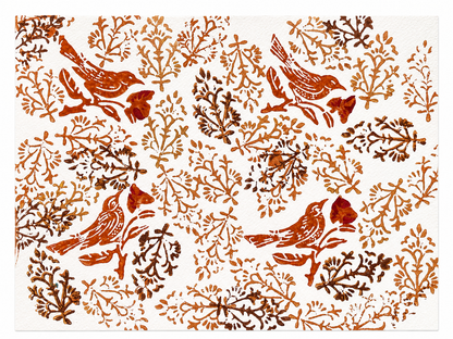 Woodblock Artist Print - Four Sparrows With Red Flowers - 001 - print only (frame not included)