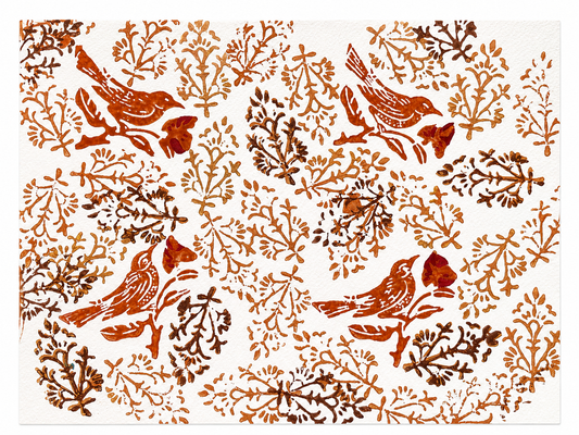 Woodblock Artist Print - Four Sparrows With Red Flowers - 001 - print only (frame not included)