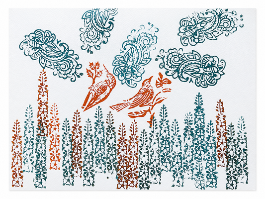 Woodblock Artist Print - Humming Bird and Sparrow - 002 - print only (frame not included)