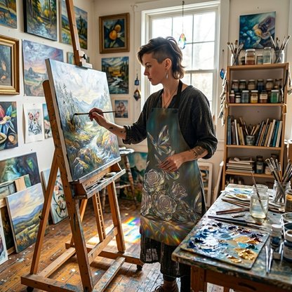 Artist painting a landscape in a studio filled with art supplies and paintings.