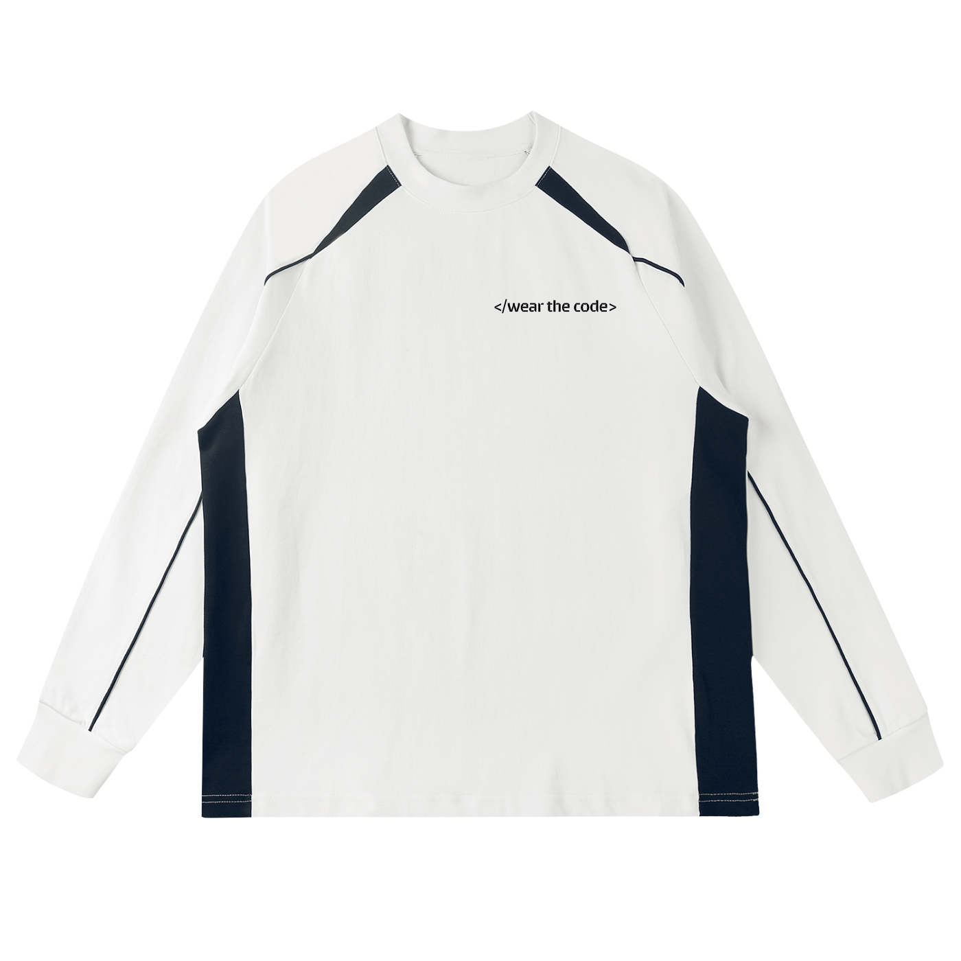 White long-sleeve shirt with black accents and text on a white background